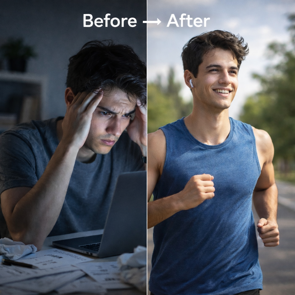 Before-and-after split image: on the left, a stressed young man sits at a laptop holding his head; on the right, the same man smiles while jogging outdoors wearing earphones, with the text “Before → After” at the top.