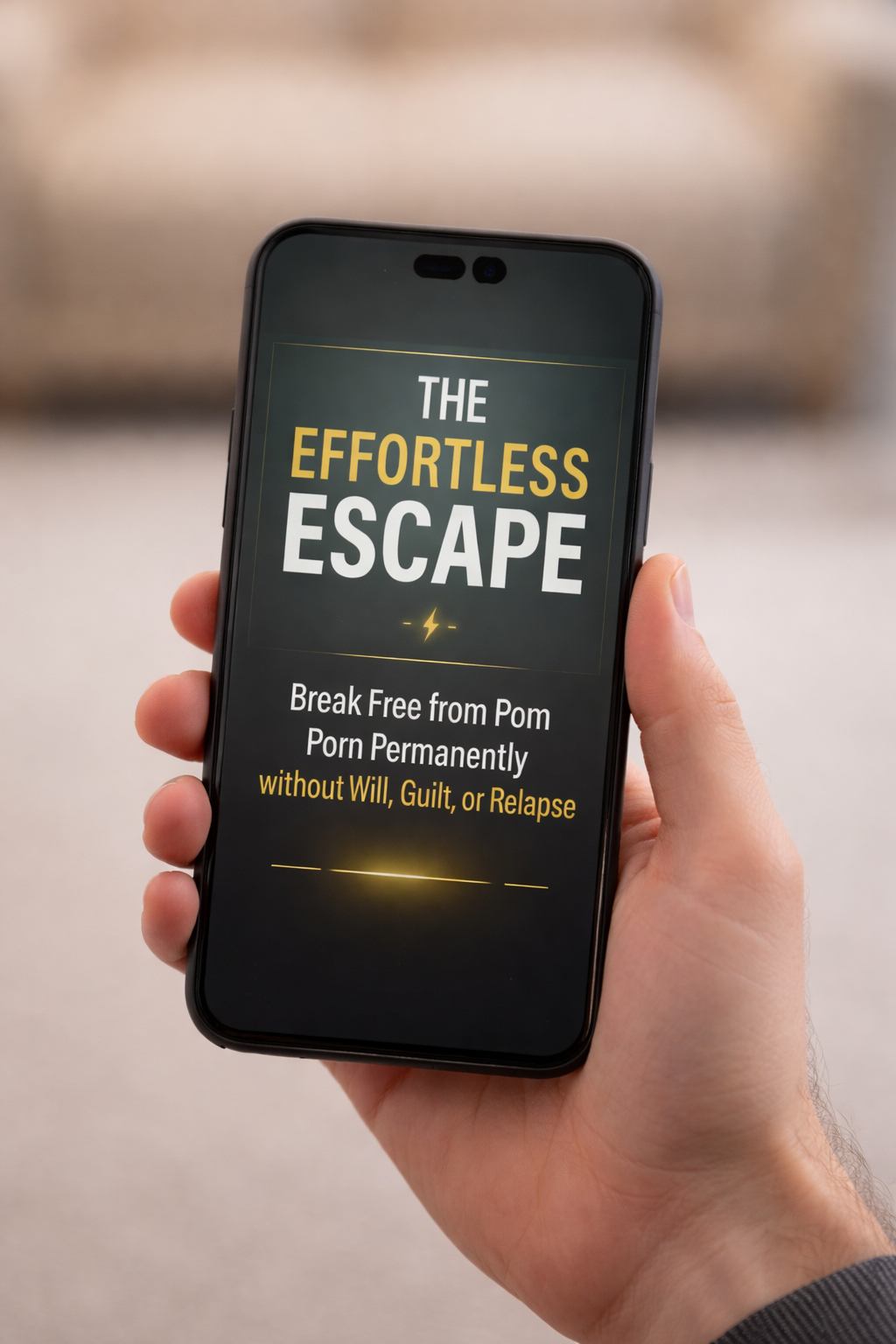 alt="Modern smartphone displaying The Effortless Escape ebook cover – guide to overcome porn addiction permanently without relapse"