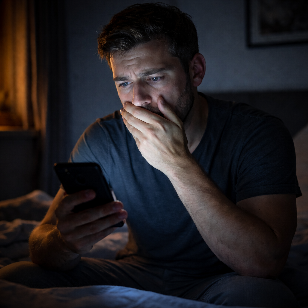 A worried man sits on a bed at night, staring at his smartphone while covering his mouth with his hand in a dimly lit room.