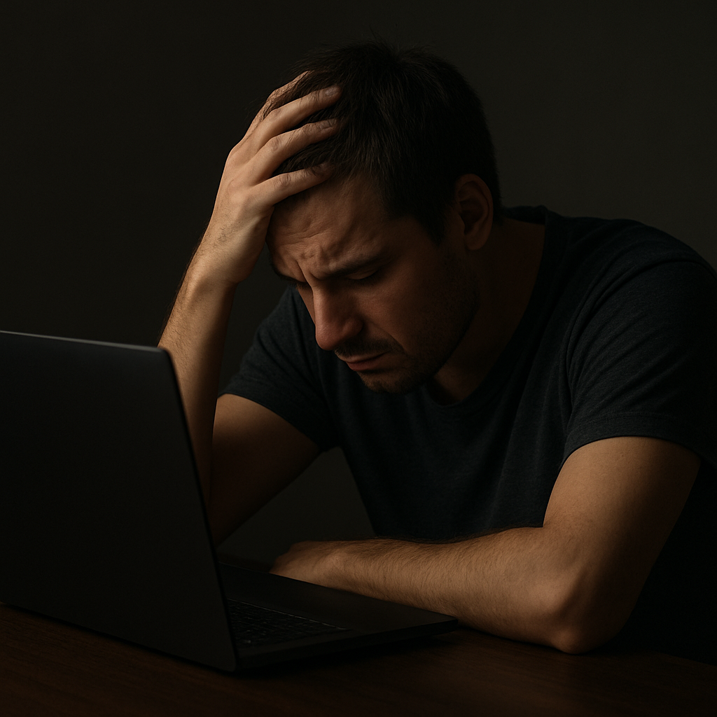 Stressed man sitting at a laptop with his hand on his head