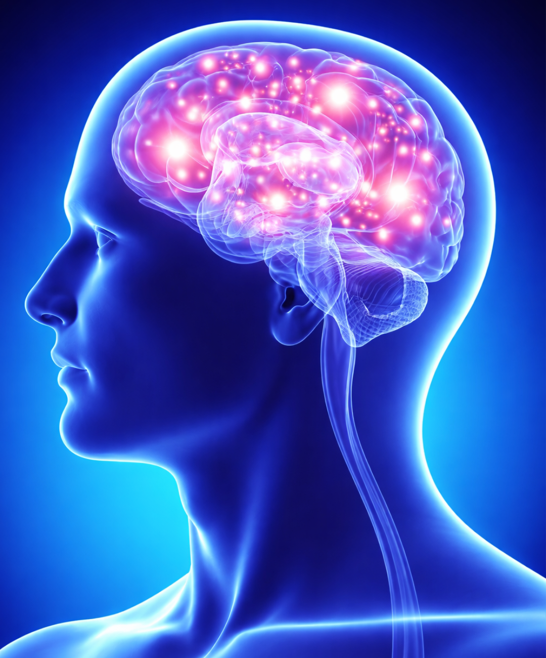 Illustration of a human head with a glowing brain on a blue background